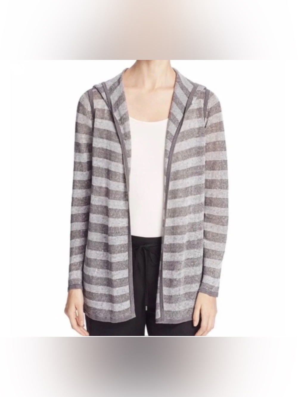 Eileen Fisher Light Gray and Charcoal Striped Hooded Cardigan